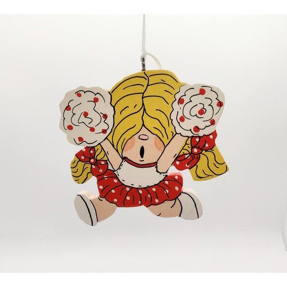 Vintage 80s Handmade Wooden Cheerleader Christmas Ornament Kitsch Painted - Picture 1 of 3